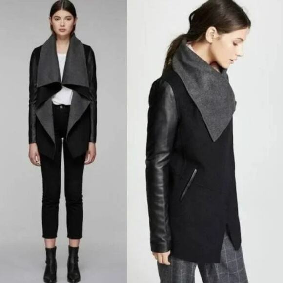 Mackage Jackets & Blazers - Mackage Black Gray Vane Jacket Leather Wool Cashmere Coat Waterfall Collar XS